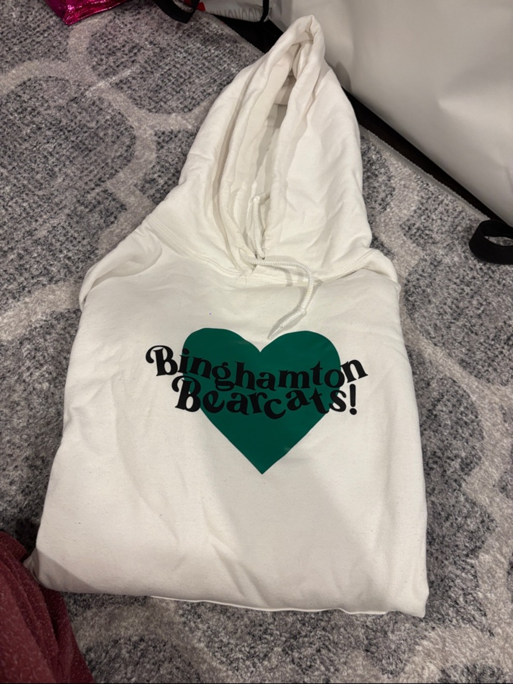 Gildan White Hoodie with Green Heart "Binghamton Bearcats" Print